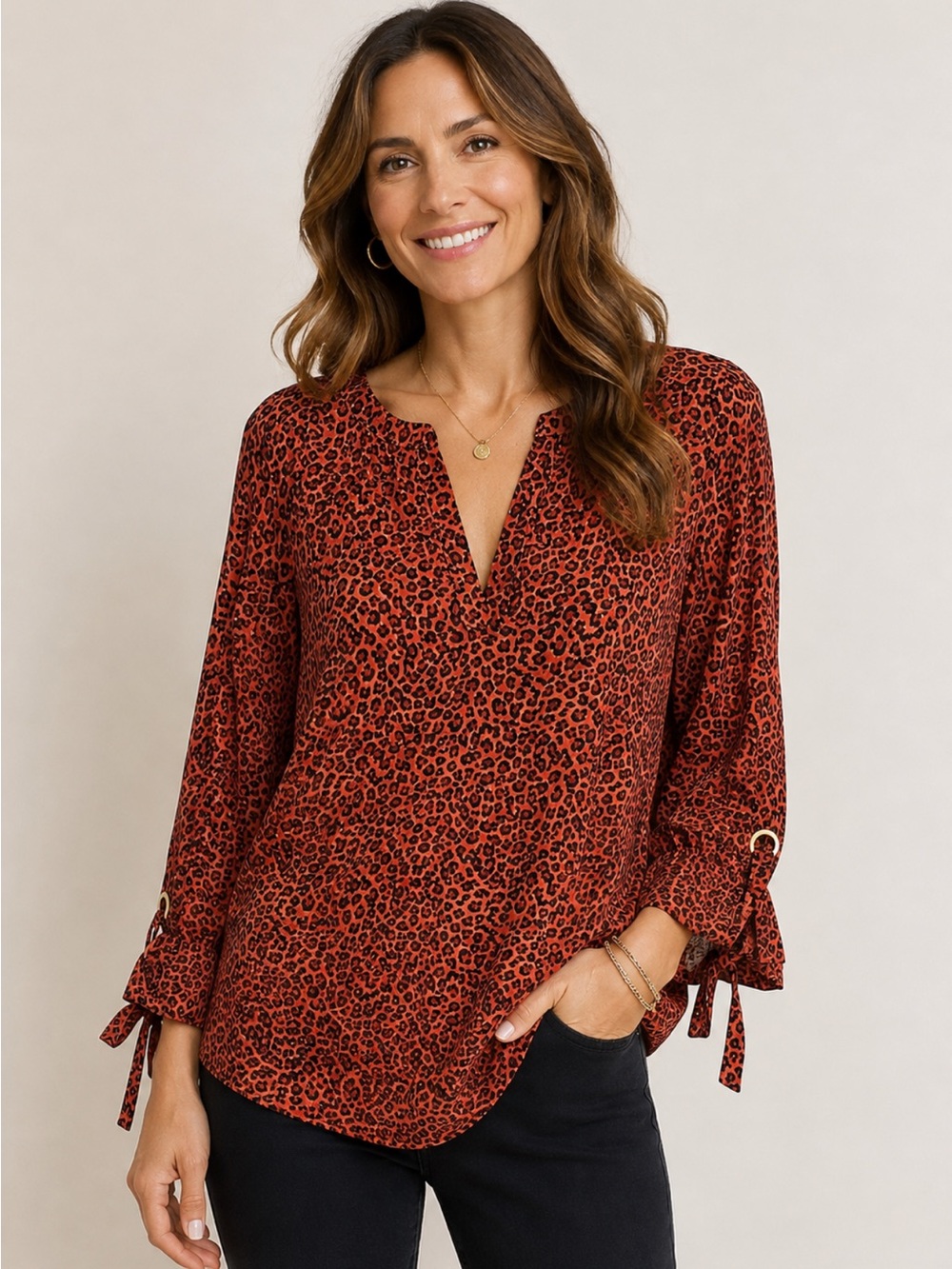 Michael Kors | Orange Rust Roll Tab Sleeve Blouse Top Sz L